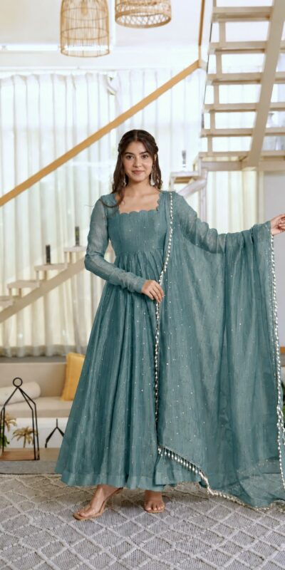 KD 1641 Teal in Salsa Silk Embroidery Work & Sequins Work Gown . Get it for ₹2899. Delivery 4-6 Working Days. Online Shop now. | Gowns, Bollywood Gowns, Creative Gowns, Designer Gowns, Embroidered Gowns, Party Wear Gowns