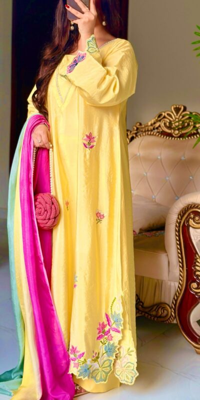 MF 544 Yellow Ho Silk Salwar Suit with Sequins Work & Embroidery Work. Grab it for ₹2349. Delivery 4-6 Working Days. Shop now. | Jump Suits, Salwar suit, Casual Suits, Creative suits, Designer Suits, Palazzo Suits, Party Wear Suits, Patiala Suits, Straight Suits