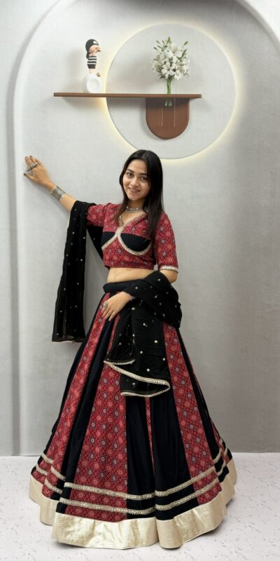Ram 198 Black in Pure Cotton Mirror Work & Gamthi Work Lehenga Choli . Exclusive Offer ₹3149. Delivery 4-6 Working Days. Shop now. | Lehenga, Bollywood Lehenga, Creative Lehenga, Designer Lehenga, Embroidered Lehenga, Party Wear Lehenga