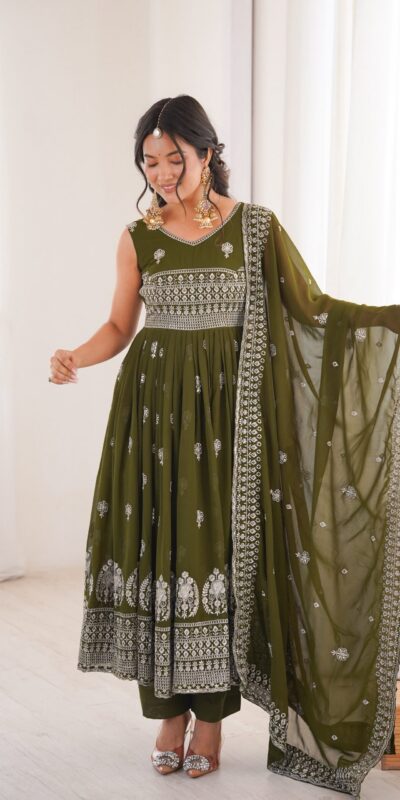 SP 91 Mehendi| Faux Georgette Salwar Suit with Lace Work & Digital Print. Introductory Price ₹2799. Delivery 4-6 Working Days. Shop now. | Anarkali Suits, Bollywood Anarkali, Creative-Anarkali, Designer Anarkali, Embroidered Anarkali, Party Wear Anarkali