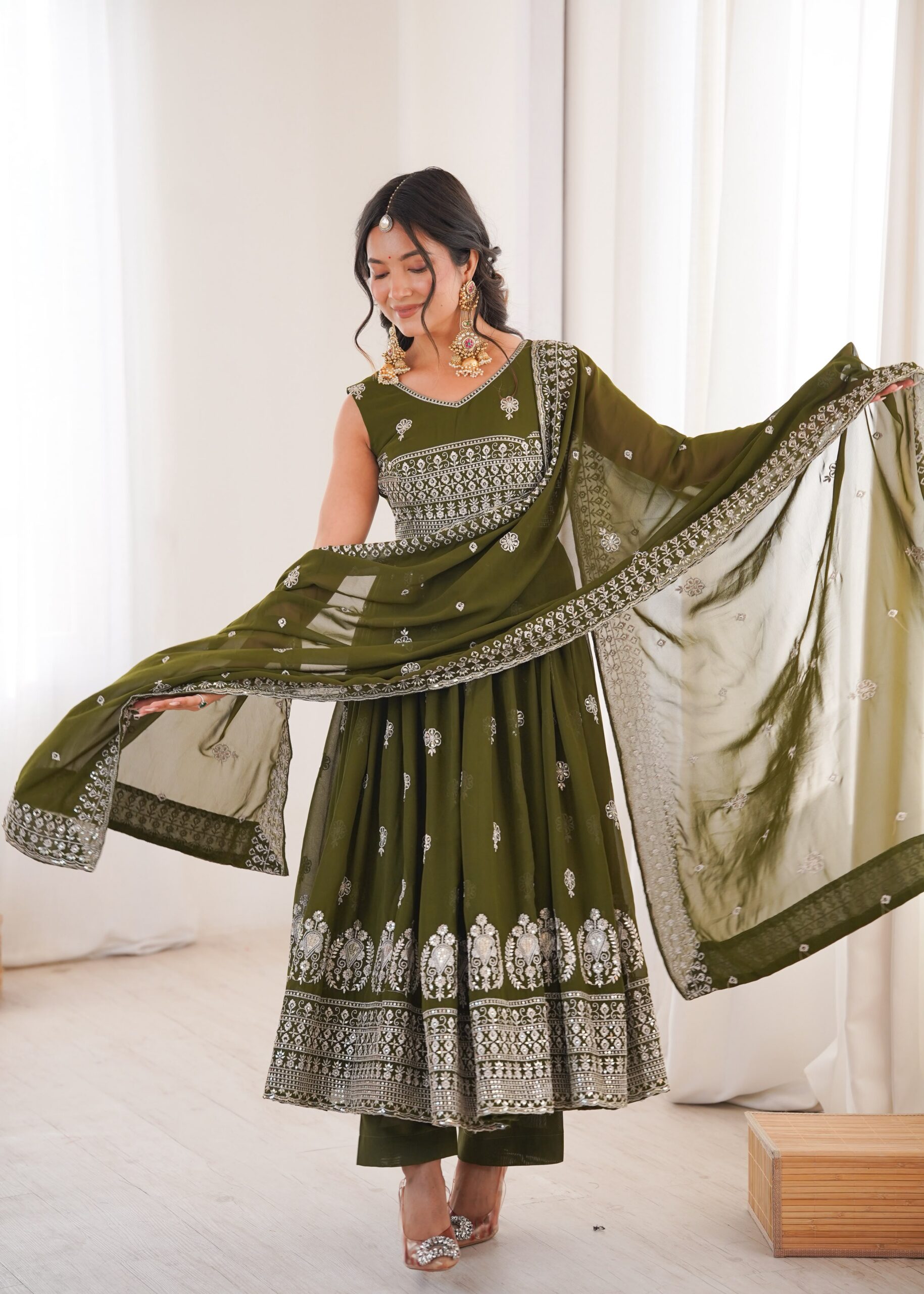 SP 91 Mehendi| Faux Georgette Salwar Suit with Lace Work & Digital Print. Introductory Price ₹2799. Delivery 4-6 Working Days. Shop now. | Anarkali Suits, Bollywood Anarkali, Creative-Anarkali, Designer Anarkali, Embroidered Anarkali, Party Wear Anarkali