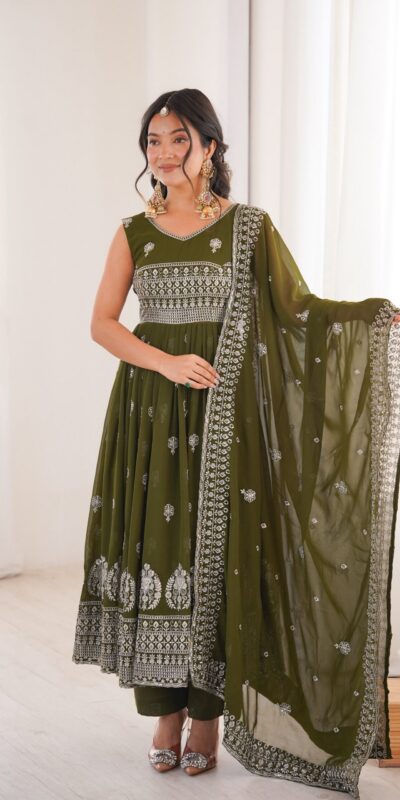 SP 91 Mehendi| Faux Georgette Salwar Suit with Lace Work & Digital Print. Introductory Price ₹2799. Delivery 4-6 Working Days. Shop now. | Anarkali Suits, Bollywood Anarkali, Creative-Anarkali, Designer Anarkali, Embroidered Anarkali, Party Wear Anarkali