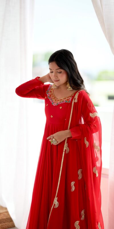 SRK 5363 Red Faux Georgette Gown with Sequins Work & Embroidery Work. Affordable Price ₹2099. Delivery 4-6 Working Days. Shop now. | Gowns, Bollywood Gowns, Creative Gowns, Designer Gowns, Embroidered Gowns, Party Wear Gowns