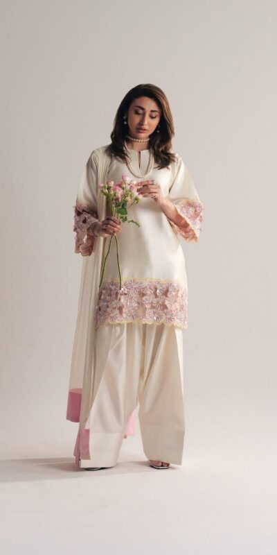 Shiny White Natural Crepe Sequence Work Salwar Suit