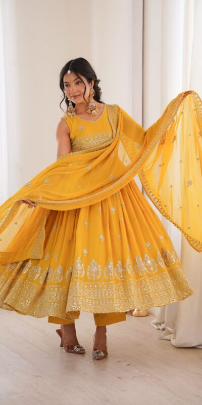 SP 91 Yellow| Faux Georgette Salwar Suit with Lace Work & Digital Print. Introductory Price ₹2799. Delivery 4-6 Working Days. Shop now. | Anarkali Suits, Bollywood Anarkali, Creative-Anarkali, Designer Anarkali, Embroidered Anarkali, Party Wear Anarkali