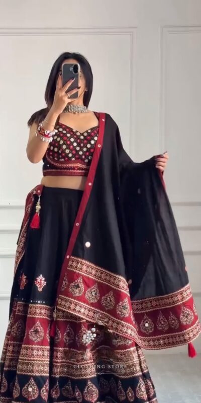 BE 503 Black | Printed Roman Lehenga Choli with Mirror Work. Affordable Price ₹2299. Delivery 4-6 Working Days. Shop now. | Lehenga, Bollywood Lehenga, Creative Lehenga, Designer Lehenga, Embroidered Lehenga, Party Wear Lehenga