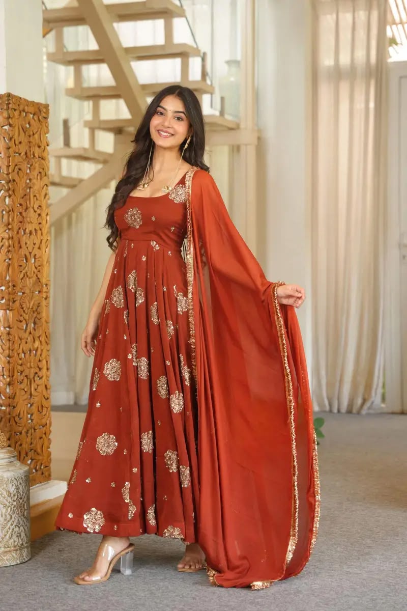 RTC 6071 Rust karishma Silk Salwar Suit Perfect for Wedding, Party, Baby Shower, Housewarming, Traditional Day – . Special Price ₹2149. Delivery 4-6 Working | Anarkali Suits, Bollywood Anarkali, Creative-Anarkali, Designer Anarkali, Embroidered Anarkali, Party Wear Anarkali