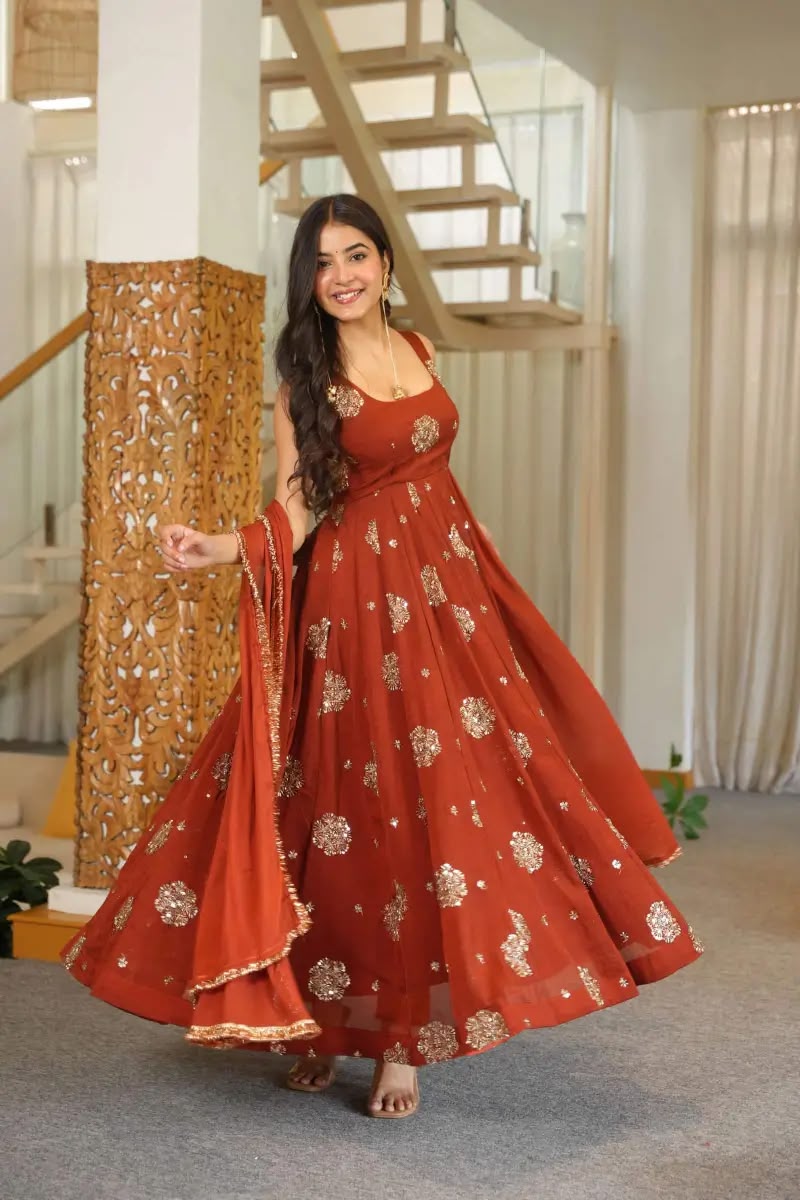 RTC 6071 Rust karishma Silk Salwar Suit Perfect for Wedding, Party, Baby Shower, Housewarming, Traditional Day – . Special Price ₹2149. Delivery 4-6 Working | Anarkali Suits, Bollywood Anarkali, Creative-Anarkali, Designer Anarkali, Embroidered Anarkali, Party Wear Anarkali