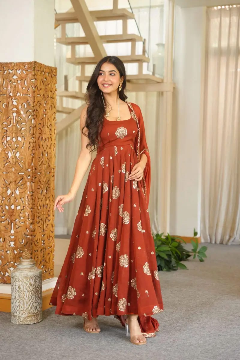 RTC 6071 Rust karishma Silk Salwar Suit Perfect for Wedding, Party, Baby Shower, Housewarming, Traditional Day – . Special Price ₹2149. Delivery 4-6 Working | Anarkali Suits, Bollywood Anarkali, Creative-Anarkali, Designer Anarkali, Embroidered Anarkali, Party Wear Anarkali
