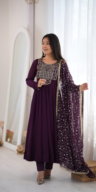 KB 315 Wine Blooming Faux Gown with Embroidery Work. Wedding, Party, Festive, Events Grab it for ₹2299. Delivery 4-6 Working Days. Shop now. | Anarkali Suits, Bollywood Anarkali, Creative-Anarkali, Designer Anarkali, Embroidered Anarkali, Party Wear Anarkali