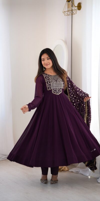 KB 315 Wine Blooming Faux Gown with Embroidery Work. Wedding, Party, Festive, Events Grab it for ₹2299. Delivery 4-6 Working Days. Shop now. | Anarkali Suits, Bollywood Anarkali, Creative-Anarkali, Designer Anarkali, Embroidered Anarkali, Party Wear Anarkali