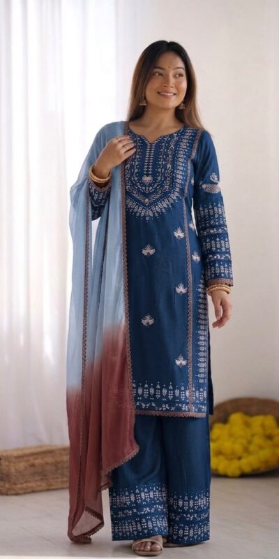 Aglow Blue Rayon Cotton Embroidery Work Salwar Suit