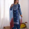 Aglow Blue Rayon Cotton Embroidery Work Salwar Suit
