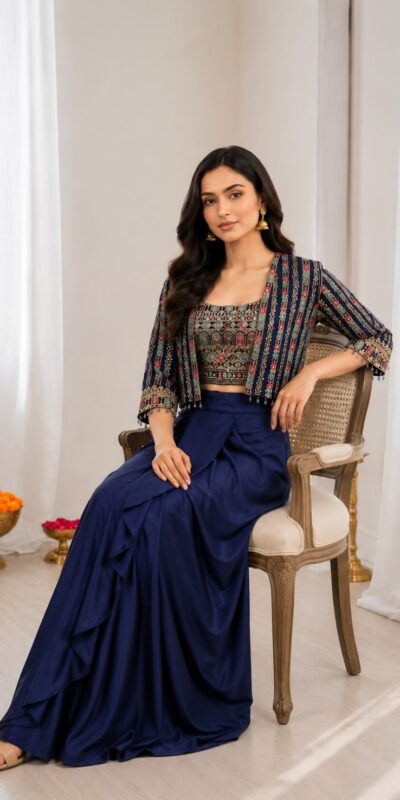 Aglow Navy Blue Chinon Silk Sequence Work Lehenga Choli