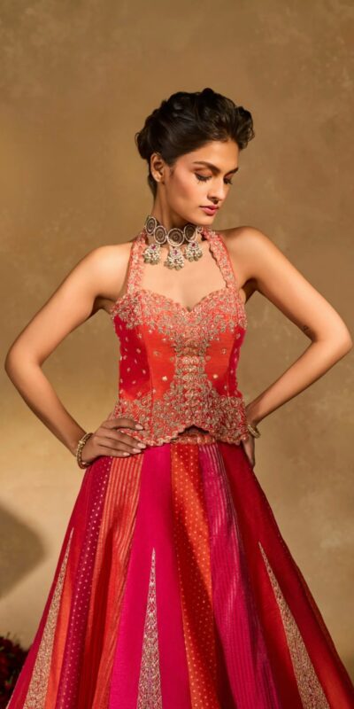 Aglow Orange Chinon Silk Multi Thread Work Lehenga Choli