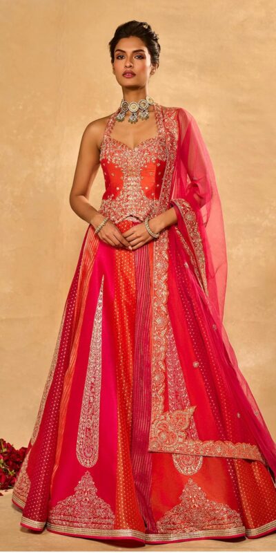 Aglow Orange Chinon Silk Multi Thread Work Lehenga Choli