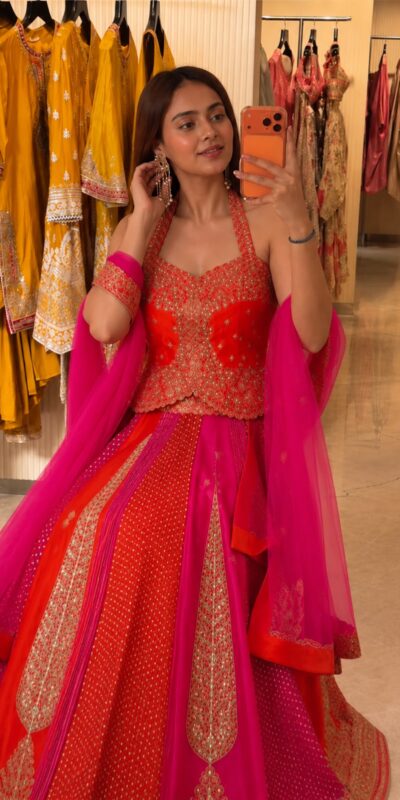 Aglow Orange Chinon Silk Multi Thread Work Lehenga Choli