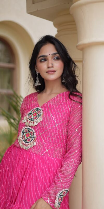 Aglow Pink Faux Georgette Patch Work Gown