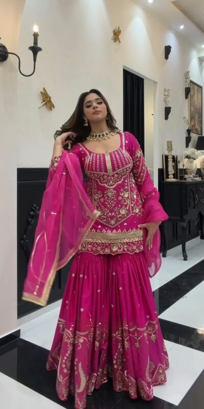 Aglow Pink Sindoor Silk Sequins Work Salwar Suit