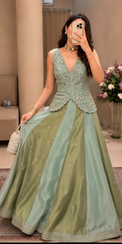 Aglow Pista Chinon Silk Embroidery Work Lehenga Choli