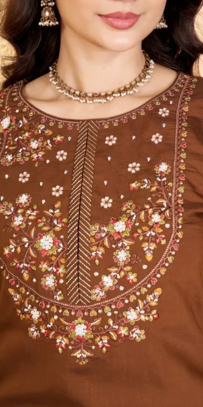 Alluring Brown Marina Silk Thread Work Salwar Suit
