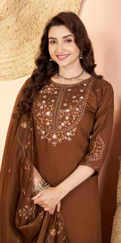 Alluring Brown Marina Silk Thread Work Salwar Suit