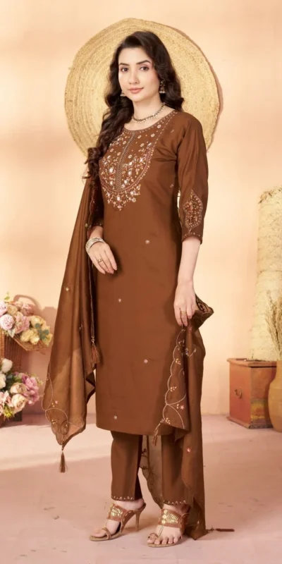 Alluring Brown Marina Silk Thread Work Salwar Suit