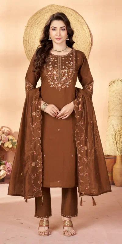 Alluring Brown Marina Silk Thread Work Salwar Suit