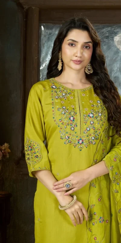 Alluring Light Green Marina Silk Thread Work Salwar Suit