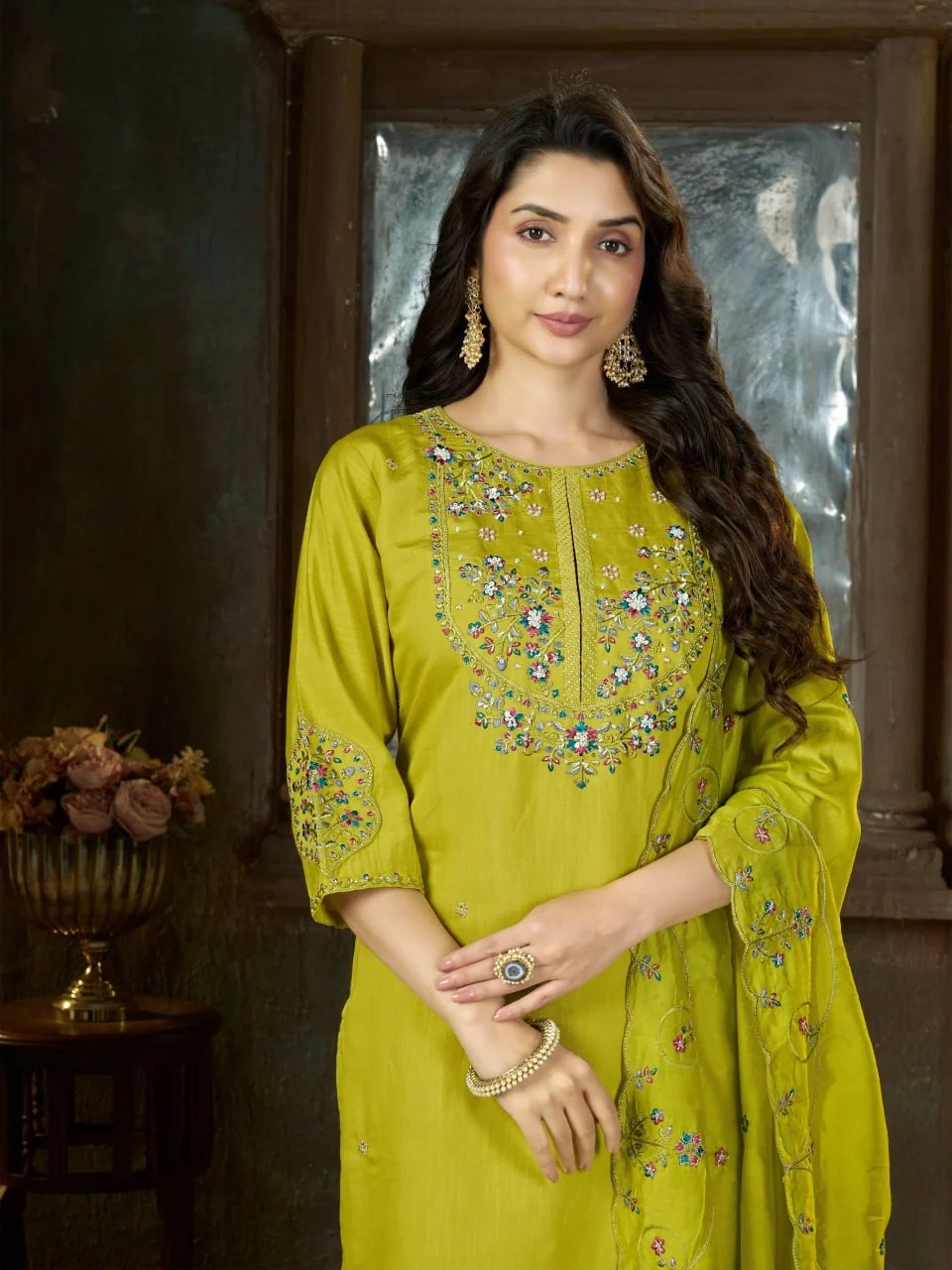 Alluring Light Green Marina Silk Thread Work Salwar Suit