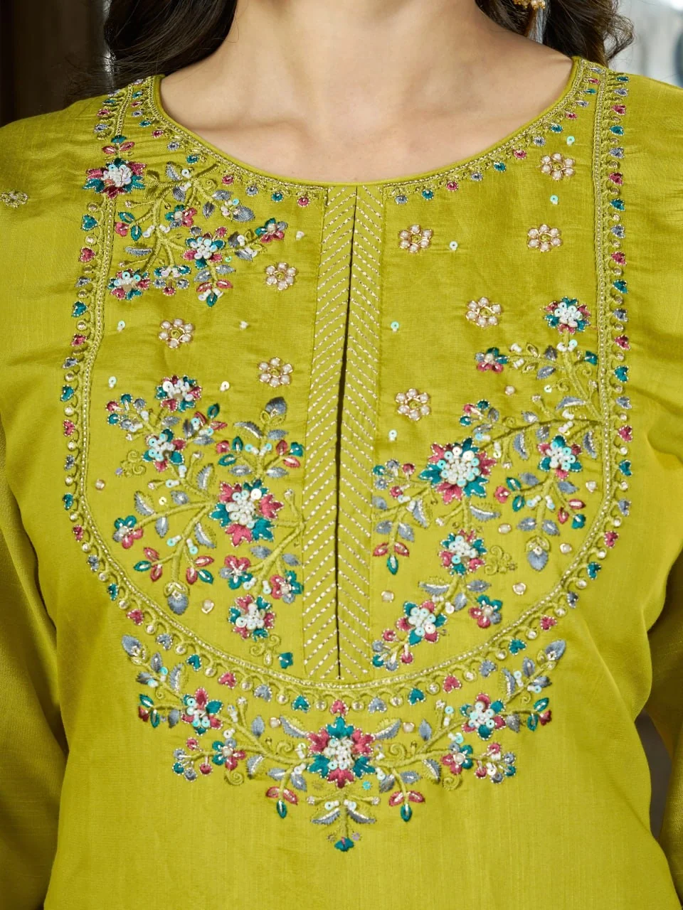 Alluring Light Green Marina Silk Thread Work Salwar Suit