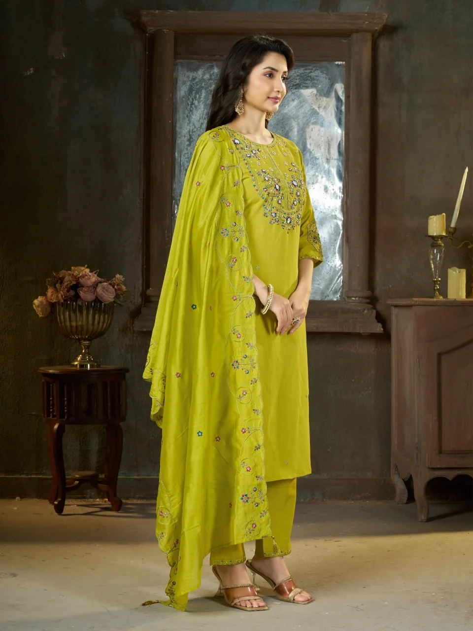 Alluring Light Green Marina Silk Thread Work Salwar Suit