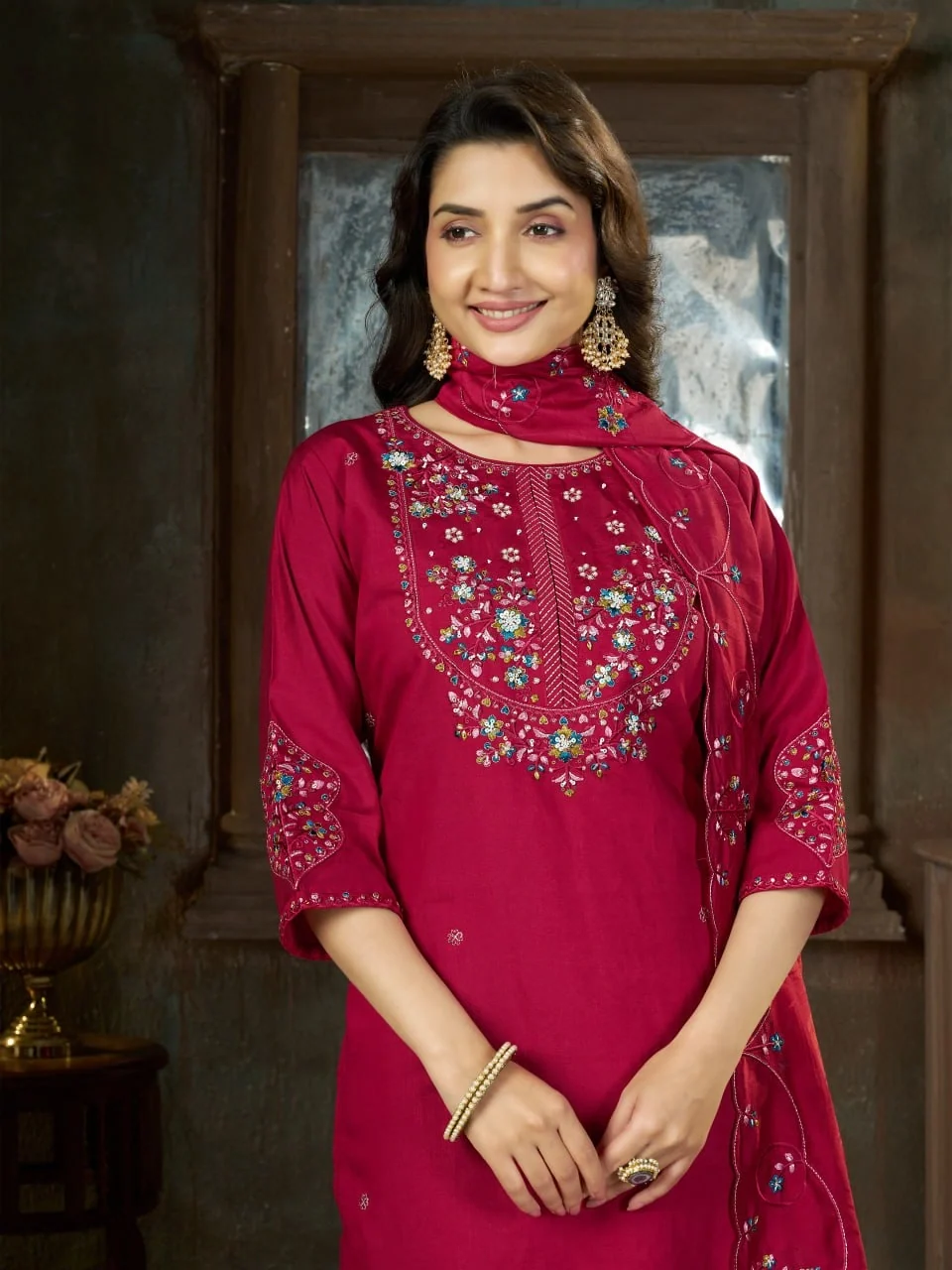 Alluring Pink Marina Silk Thread Work Salwar Suit