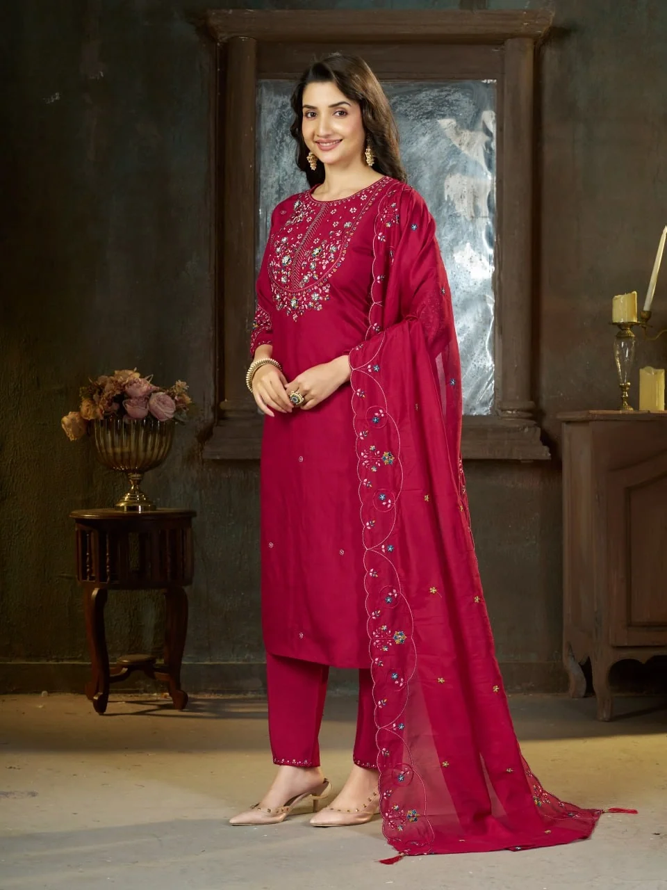 Alluring Pink Marina Silk Thread Work Salwar Suit
