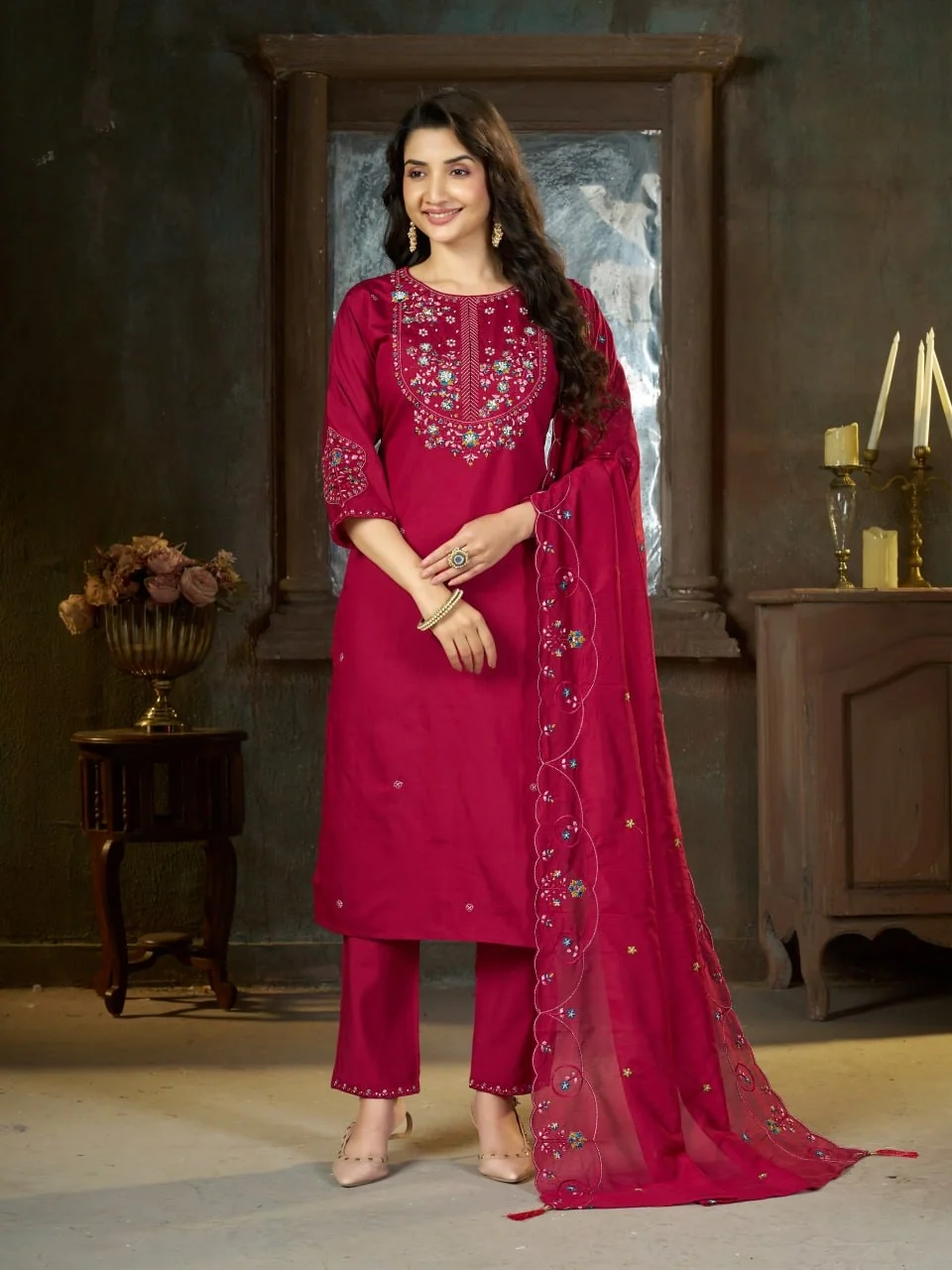 Alluring Pink Marina Silk Thread Work Salwar Suit