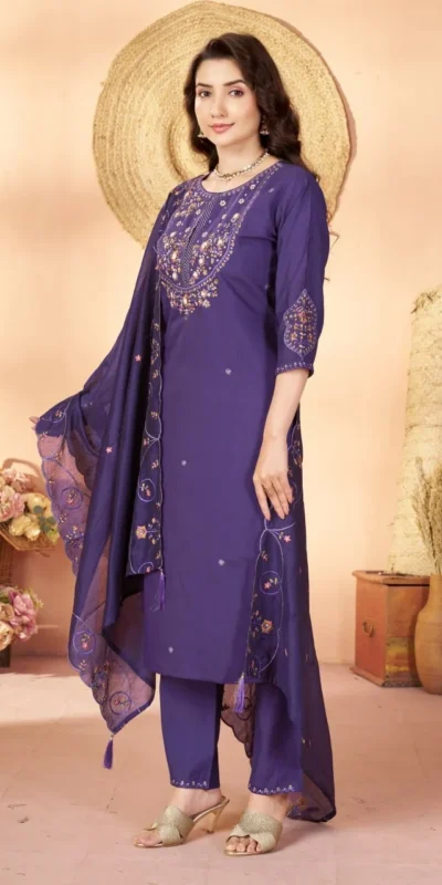 Alluring Purple Marina Silk Thread Work Salwar Suit