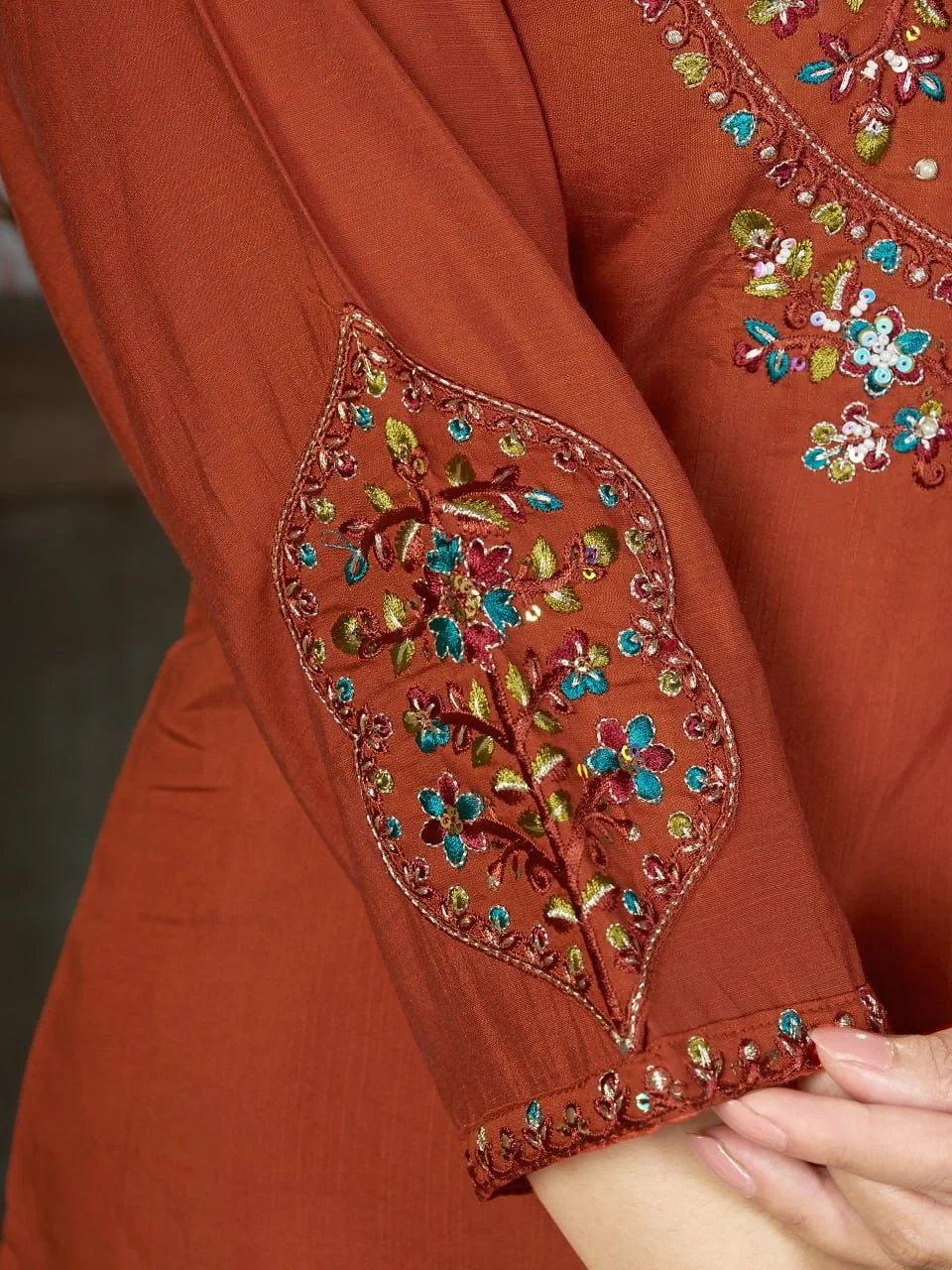 Alluring Rust Marina Silk Thread Work Salwar Suit