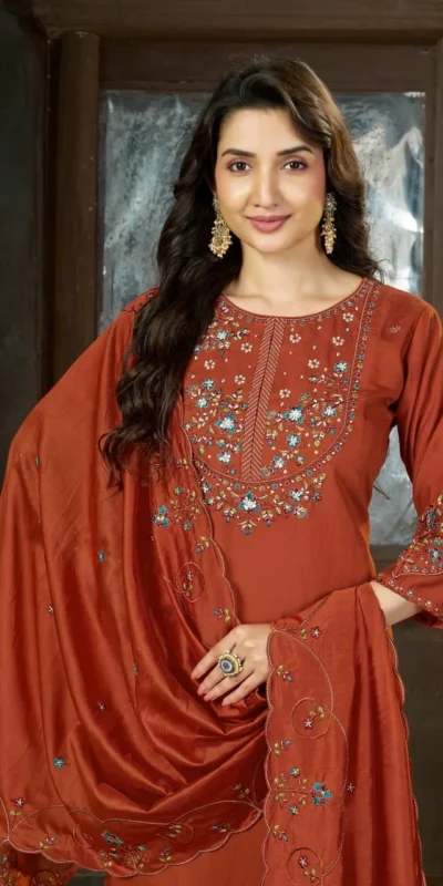 Alluring Rust Marina Silk Thread Work Salwar Suit