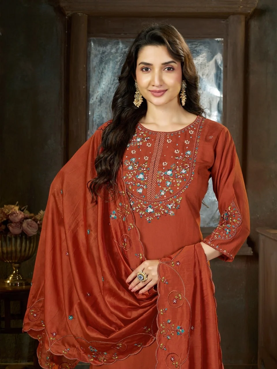 Alluring Rust Marina Silk Thread Work Salwar Suit