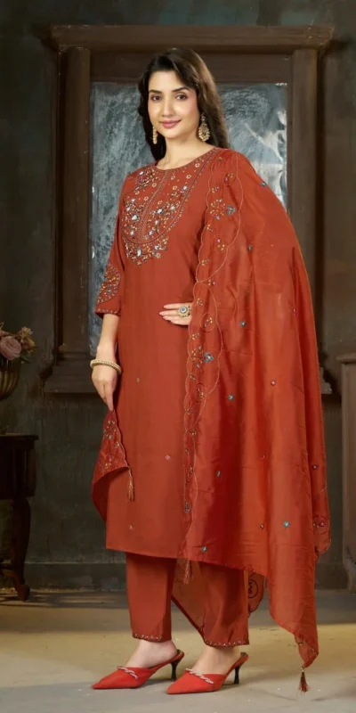 Alluring Rust Marina Silk Thread Work Salwar Suit