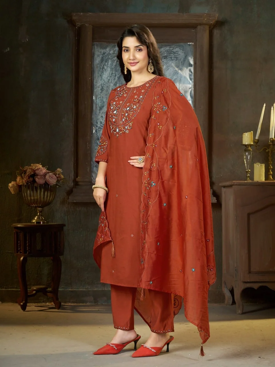 Alluring Rust Marina Silk Thread Work Salwar Suit