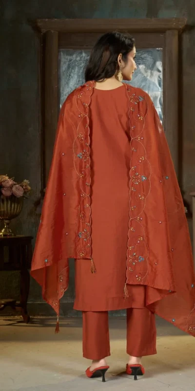 Alluring Rust Marina Silk Thread Work Salwar Suit