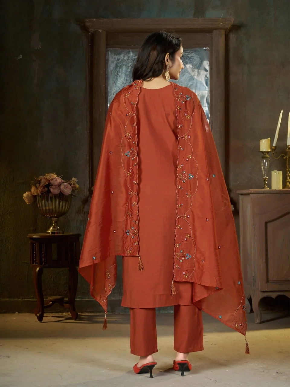 Alluring Rust Marina Silk Thread Work Salwar Suit
