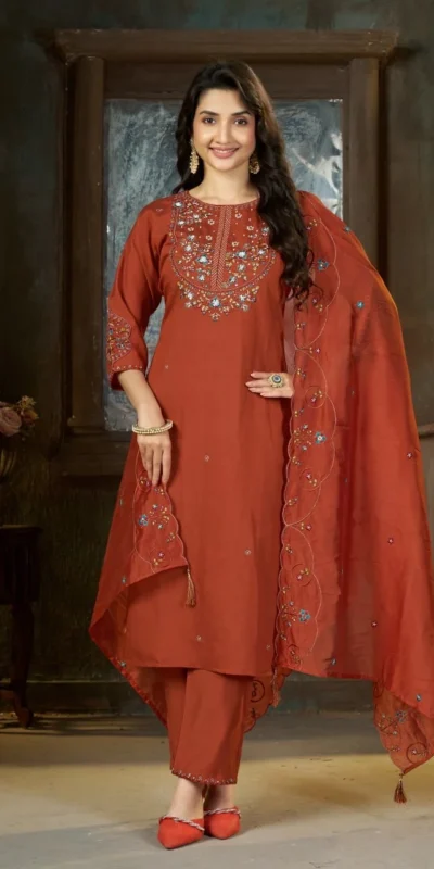 Alluring Rust Marina Silk Thread Work Salwar Suit