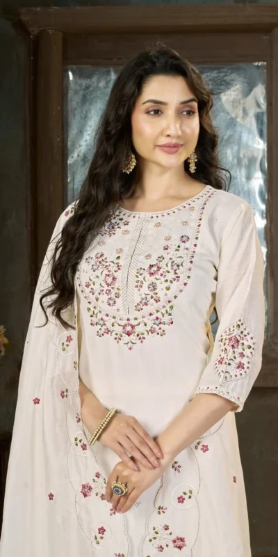 Alluring White Marina Silk Thread Work Salwar Suit