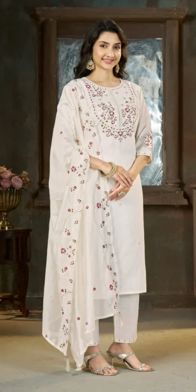 Alluring White Marina Silk Thread Work Salwar Suit