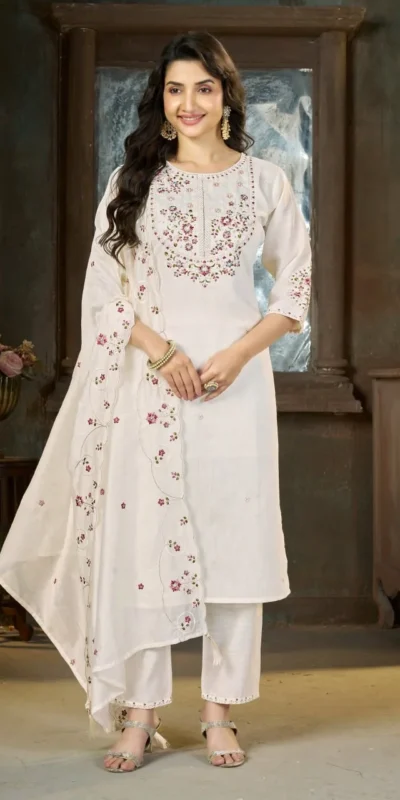 Alluring White Marina Silk Thread Work Salwar Suit