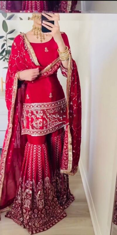 Angelic Red Chinon Silk Thread Work Salwar Suit