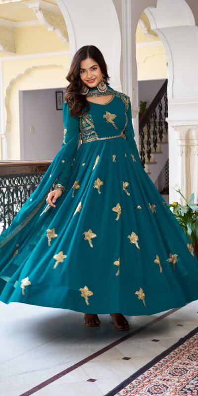 Angelic Teal Faux Georgette Thread Work Gown