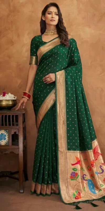 Elegant Green Jamdani Cotton Silk Zari Butti Work Saree